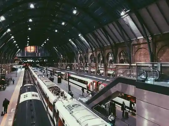 King's Cross station train shed with trains at the platforms