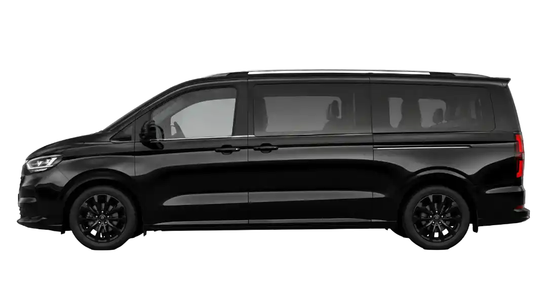 Black 8 seater minibus for group transfers with 6 suitcases